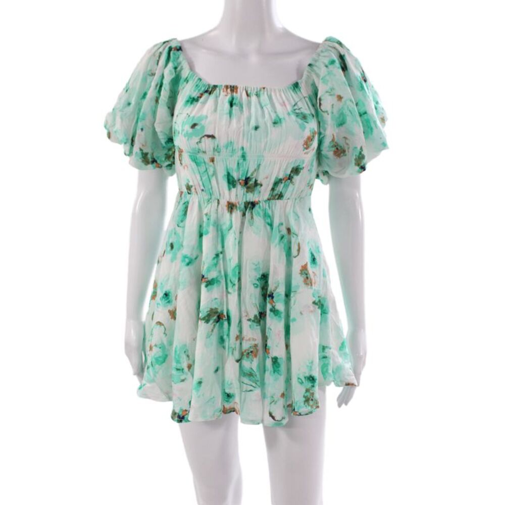 Sky to Moon Women Mini Green Floral Dress Square Neck Short Sleeve Size S